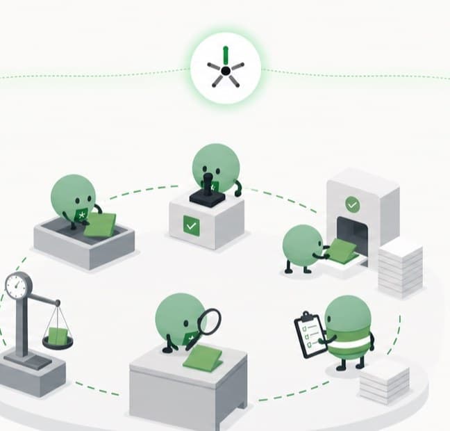 Embedded workflow agent pattern with agents moving through review, triage, approval, and evidence tasks.