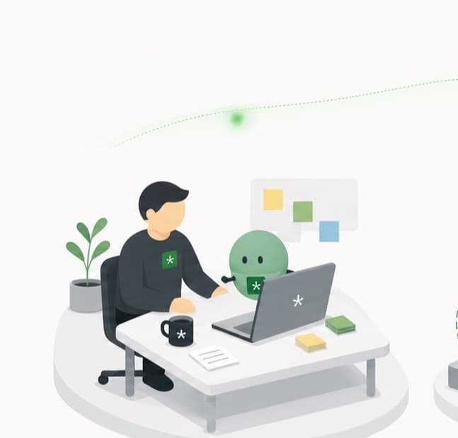 Human-agent workbench pattern with a person and agent collaborating at a desk.