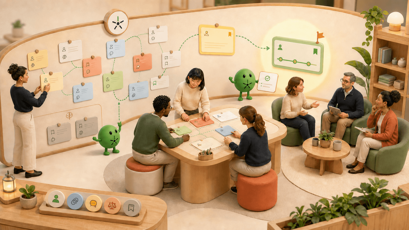People across an organisation add, group and review ideas on a shared board while one idea gains evidence, an owner and milestones.