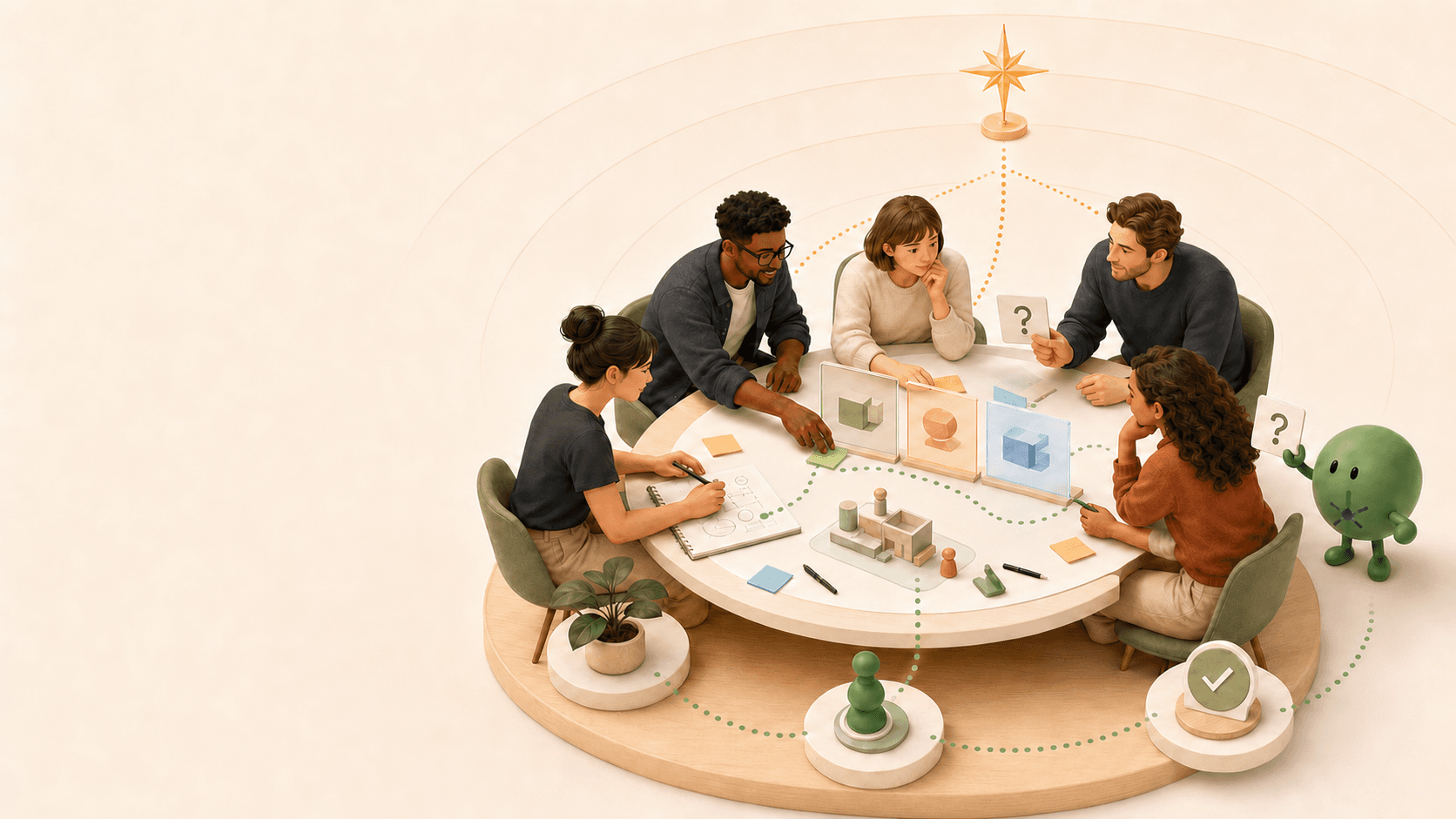 People work together around a shared ideas table while a small Bridgly guide helps connect questions, options and the next decision.
